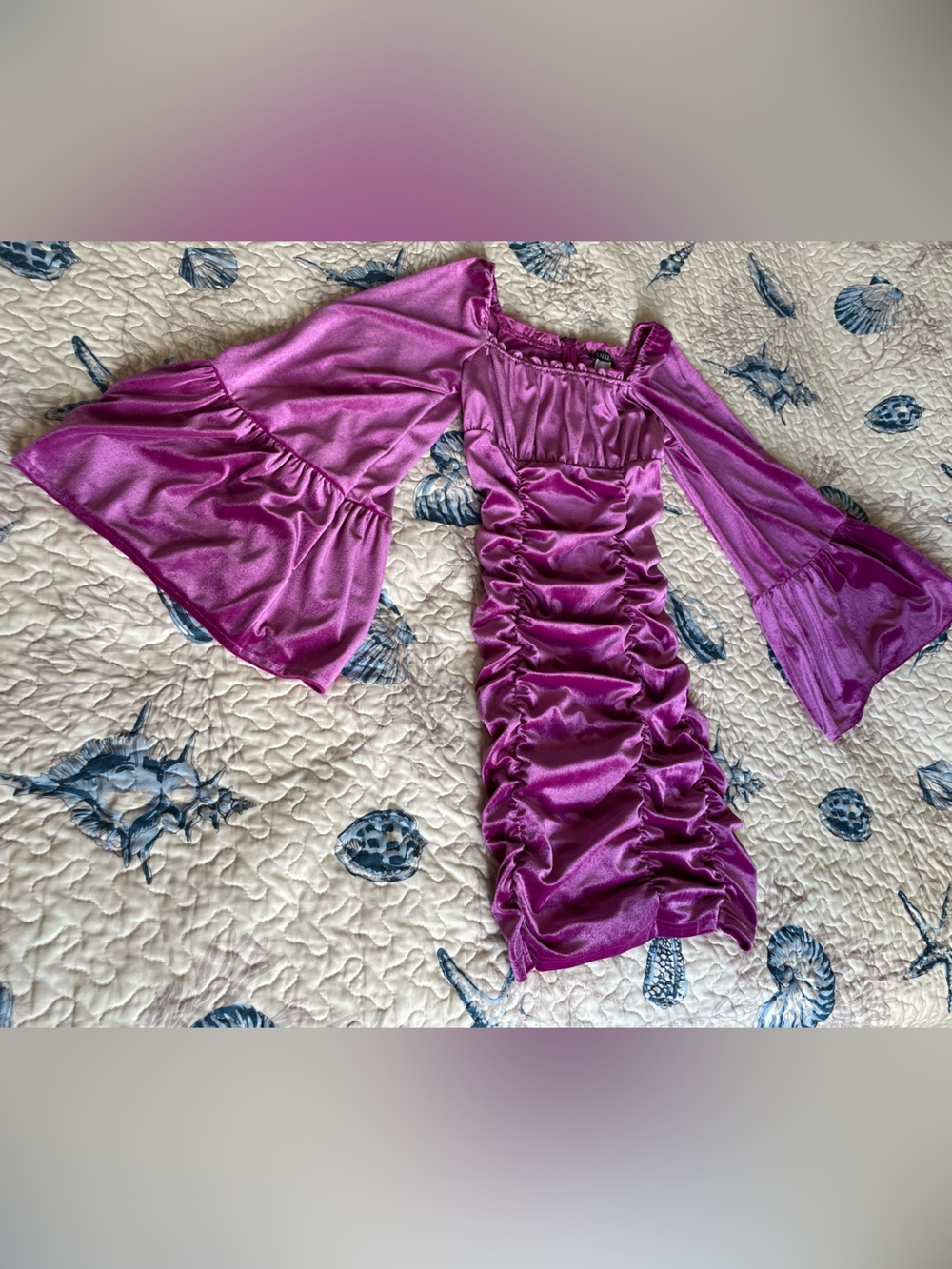 VENUS Purple Satin Ruched Bodycon Dress with Bell Sleeves